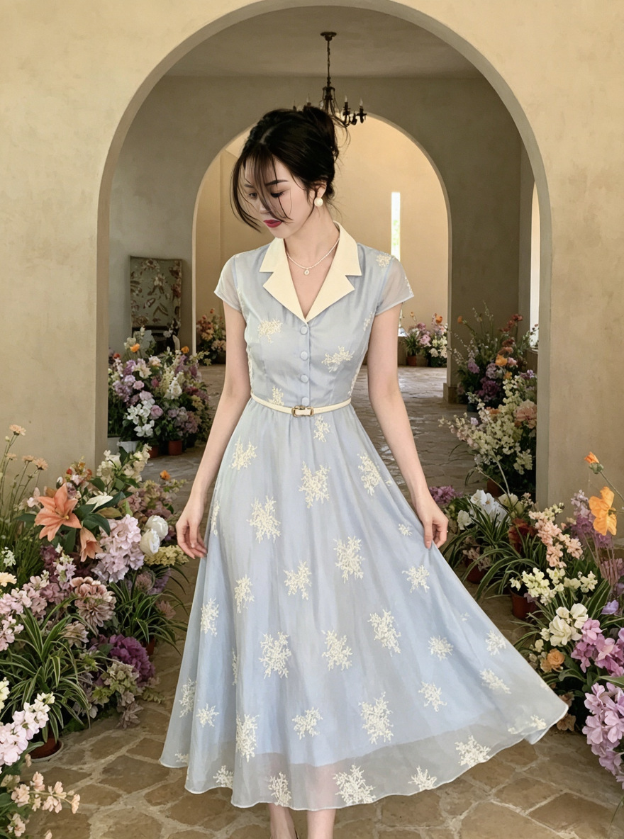 2026 Summer High-End Tencel Embroidered Lapel Dress with a Stylish French Retro Vibe and a Slim Fit, Paired with a Belt