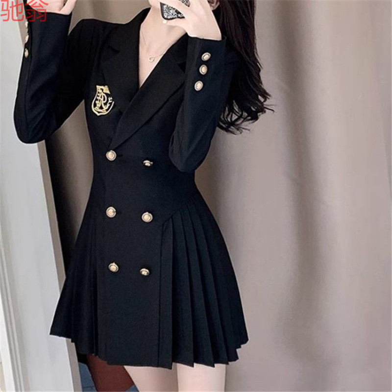 W9Q plus size Autumn Little Man College Style Suit dress Women's Long-sleeved Double-breasted Tight Waist High-grade Pleated West