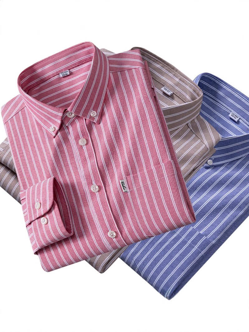 2025 New Autum Cotton Oxford Long-Sleeved Shirt Button Collar Stripesd Flap Pocket Pants Middle-Aged and Elderly Men's Shirt