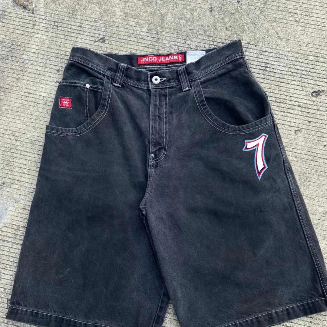 Cross-border popular European and American fashion printed Denim shorts men's American retro simple fashion casual wide-leg shorts