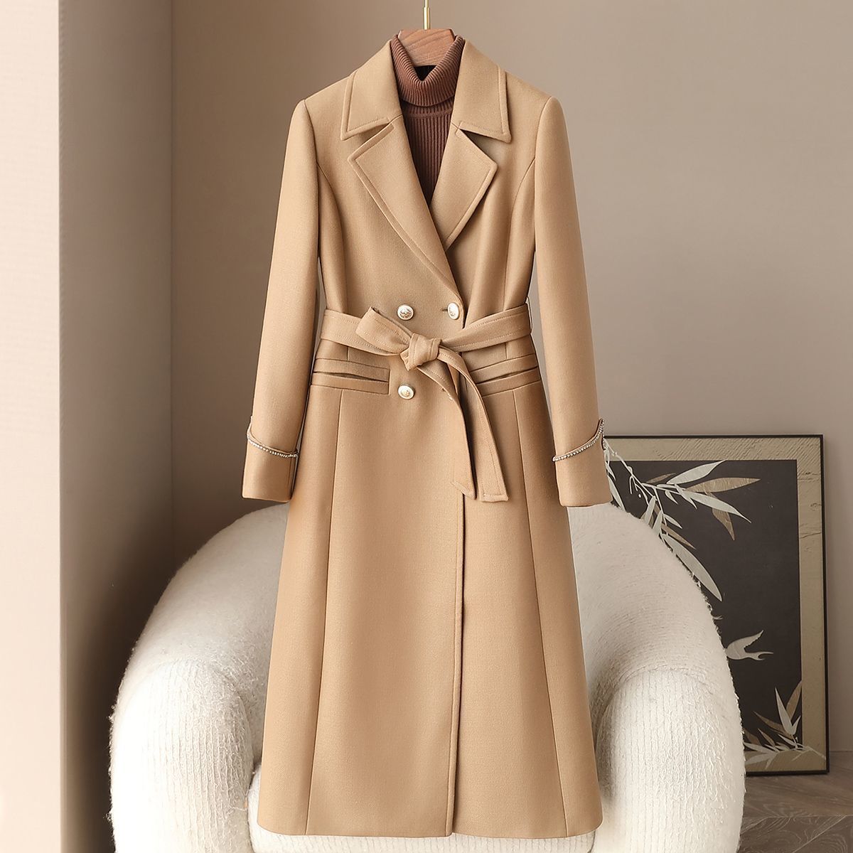 Small Quantity Clothing 2026 Spring New Style Full Wool Fine-Spun Trench Coat Long Slim-Fit Suit Collar Tie-Up Top