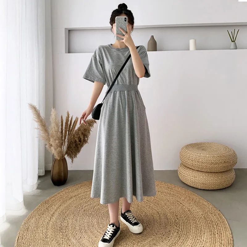 Dress large swing skirt girl 2023 Korean style half sleeve tight waist long skirt high waist round neck skirt ins fashion