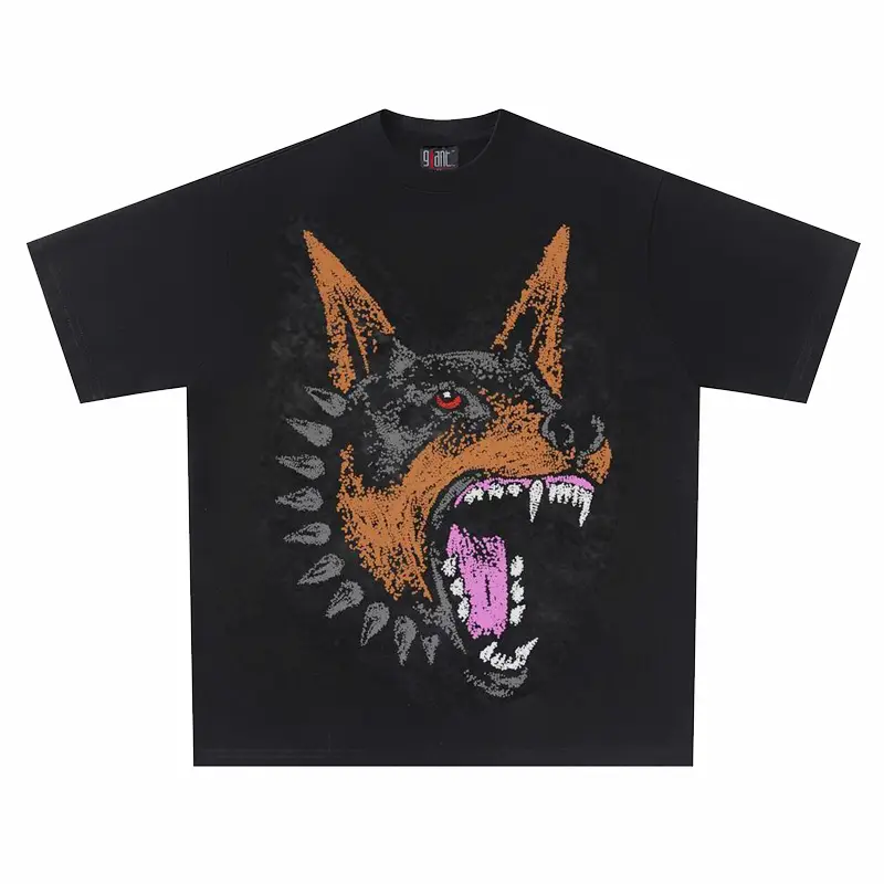 Graffiti Hound Head 260g Heavy Cotton! Hound Dog Graffiti European and American Style Printed Short-Sleeve T-Shirt