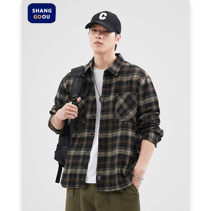 Shanggu Men's Autumn and Winter Plaid Shirt Japanese Style Ins Trend Casual Outerwear Commuting Thickened Top Ins Style