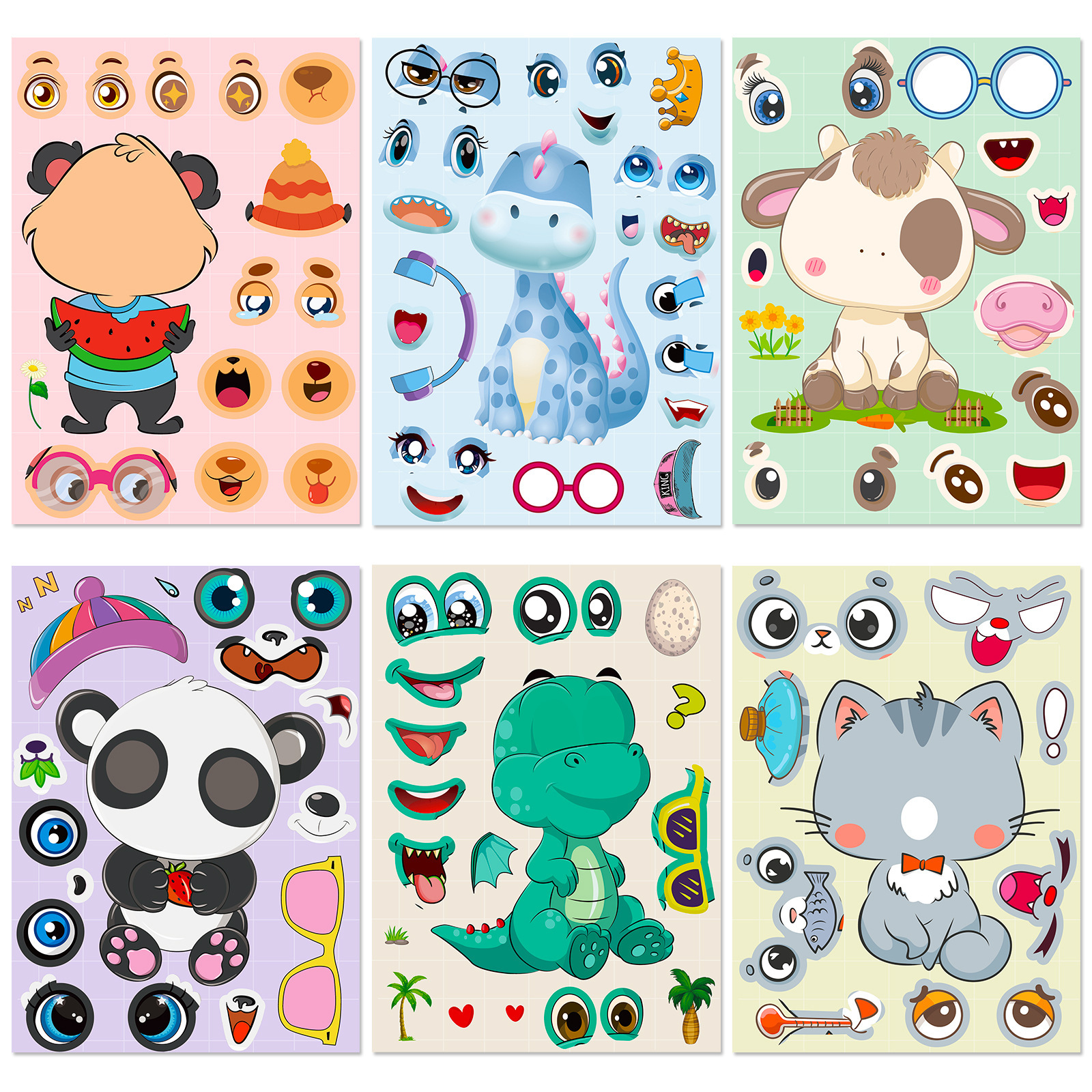 Big-Selling Cross-Border 6-Piece/Pack Small Animal Puzzle Stickers for Children Early Education Face-Changing Stickers Baby DIY Early Education Puzzle Stickers