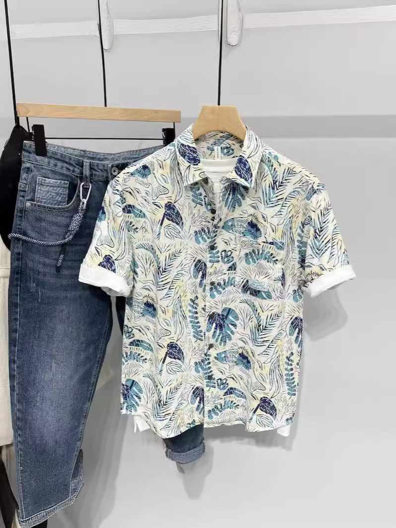 Summer New High-end Sense 2024 Summer New Casual Floral Linen Short-sleeved Shirt Printed Trendy European Goods