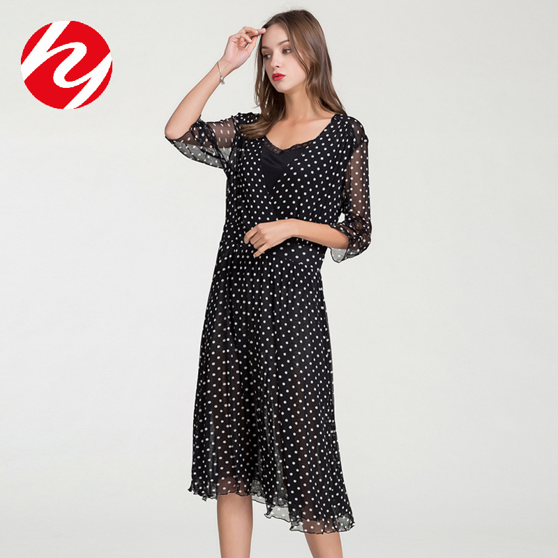 Huaye Mulberry Silk Mesh Dress Women's Printed V Neck Double-Layer Mid-Sleeve Large Hem Skirt Summer New Long Skirt