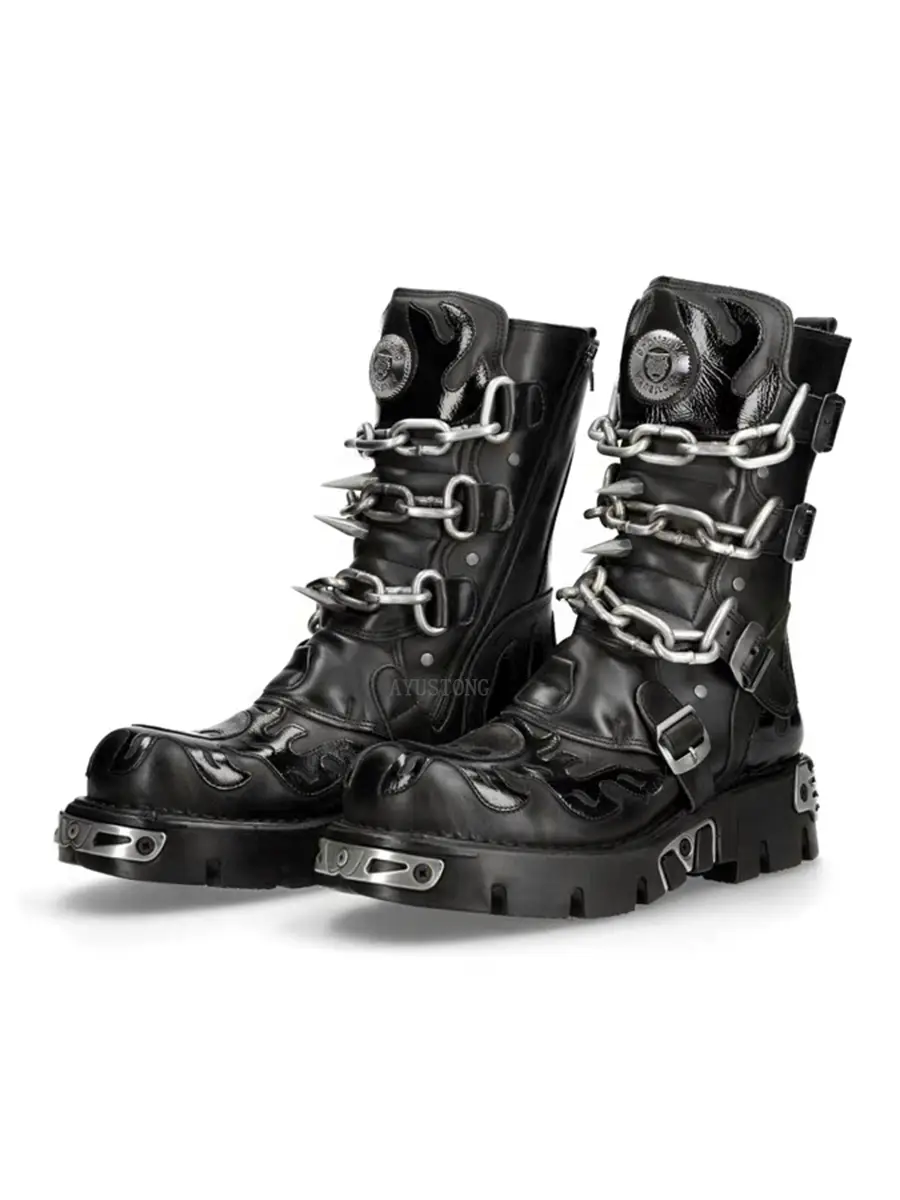 Retro metal Martin boots rivets chain punk rock biker boots leather men and women thick boots lace-up mid-calf boots