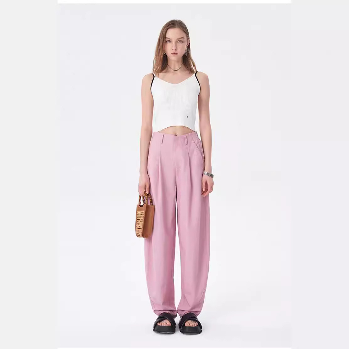Sw2026 New Summer Loose Waist-Cinching Drapey Wide-Leg Banana Pants with Wisteria Pink Casual Pants for Women