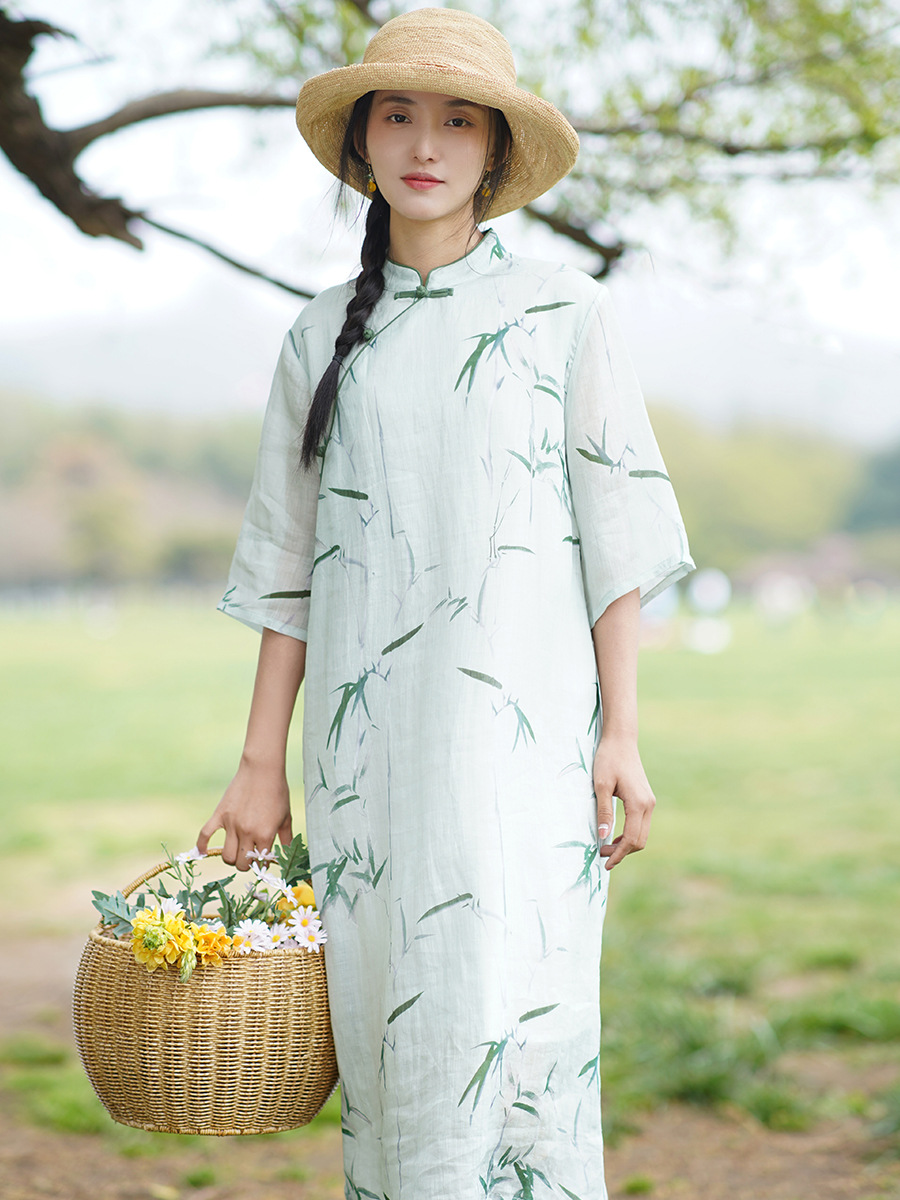 Cotton and linen women's clothing 2025 summer new dress women's new Chinese retro improved cheongsam temperament national style tea art clothing