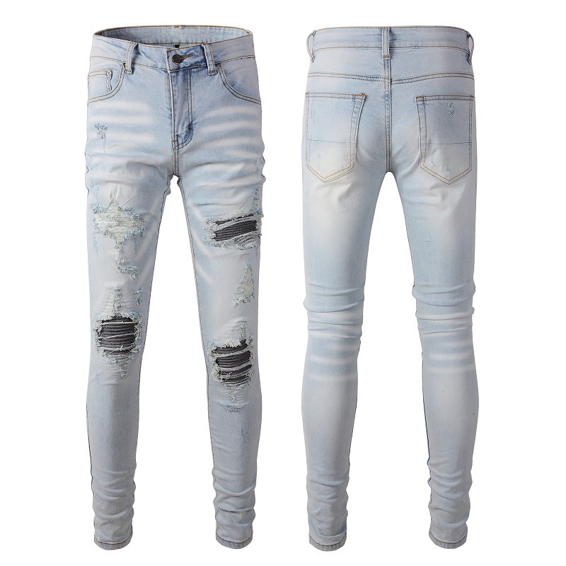 American High Street Ripped Jeans for Men, Casual and Versatile Men's Clothing, Patchwork, Slim Fit, Trendy Brand Denim Men's Pants 699