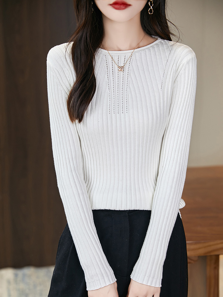 2026 Spring and Autumn New Style Pure Cotton Threaded Round Neck Knitted Sweater Long Sleeve Ribbed Hollow Out Solid Color Slim Fit Base Shirt
