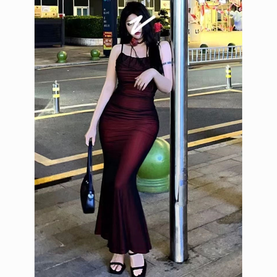2023 autumn new sexy pure want to slim fit fashionable slimming mid-length strap sheath split dress women's dress