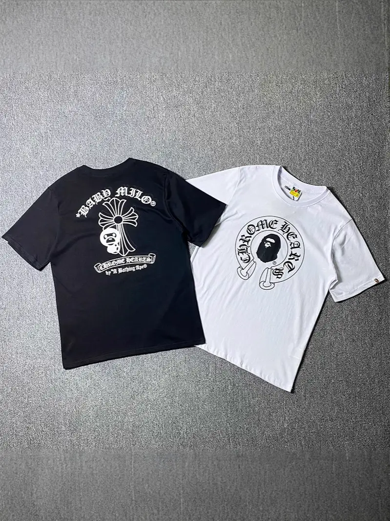 Bape Cross-Border Export Short-Sleeved Cross Little Monkey Sanskrit Print Trendy Loose Cotton Round Neck Men's and Women's T-Shirt
