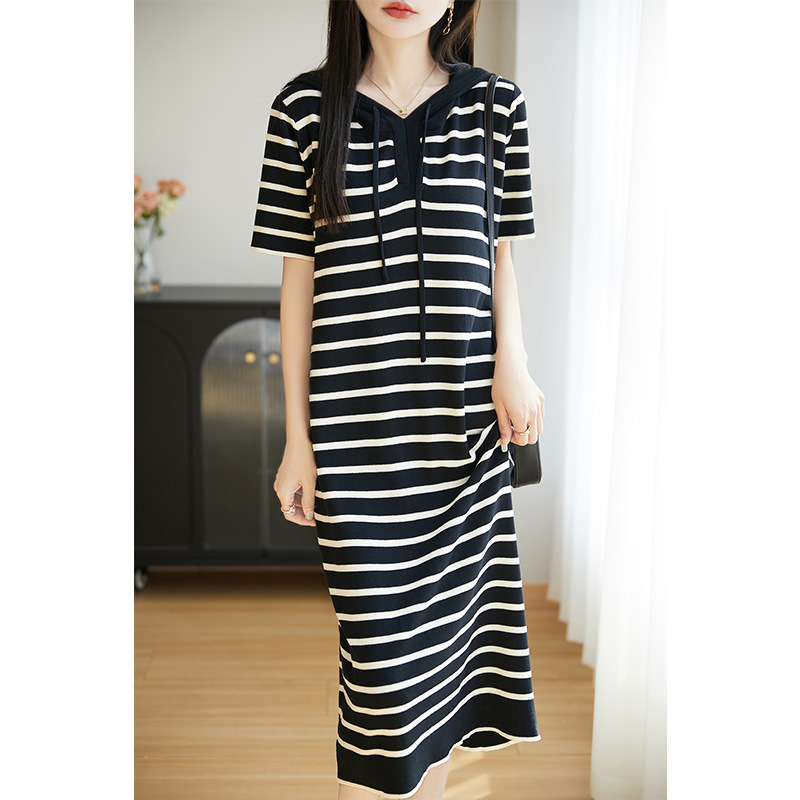 Wholesale Manufacturer Cross-Border 2025 Spring and Summer New Striped Mid-Length Dress Knitted Half-Sleeved Hooded Long Dress