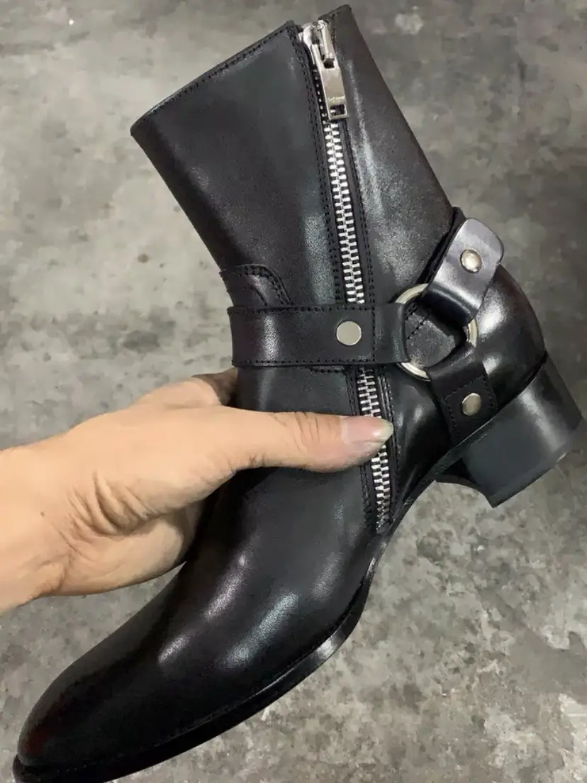 Chelsea boots men's spring and summer fashion in Europe and the United States personalized pointed ring buckle side zipper cow black leather boots high-top breathable male tide
