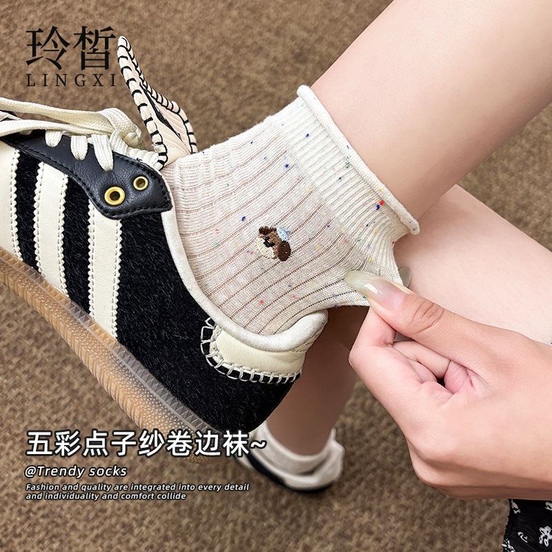 Women's Spring and Summer Thin Short Socks, Trendy and Versatile, Mesh Cartoon Embroidery, Rolled Edge, Cotton Socks