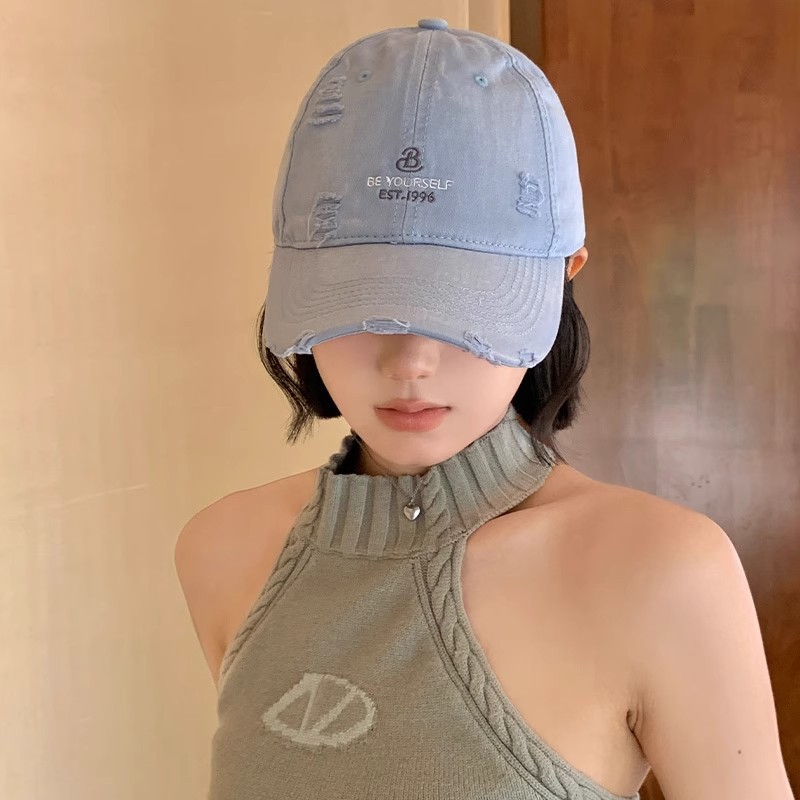 American-style Hole Embroidered Letter Baseball Cap Women's Spring and Summer New Wide Brim Big Face Show Face Duckling Tongue Hat Fashion