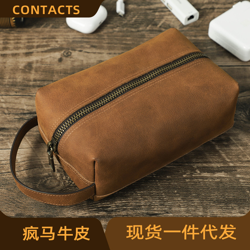 Black Angel Retro Crazy Horse Leather Clutch Bag Casual Fashion Data Cable Mouse Portable Storage Bag Spot Hair