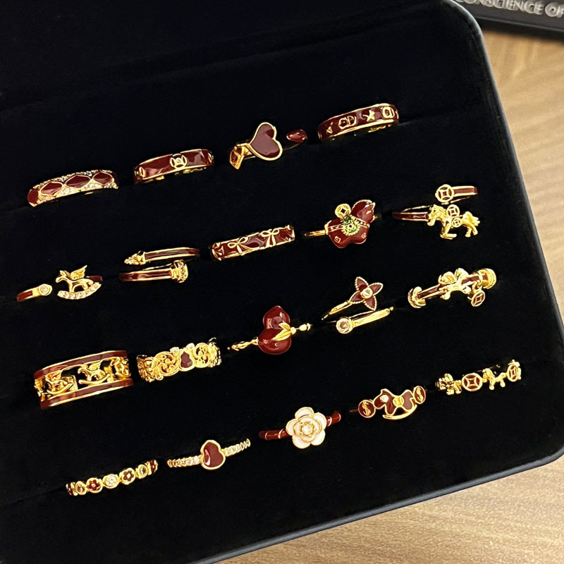 Lucky Red Zodiac Horse Vintage Ring for Women Geometric Gourd Personality Light Luxury Sweet Cool Trendy Ring