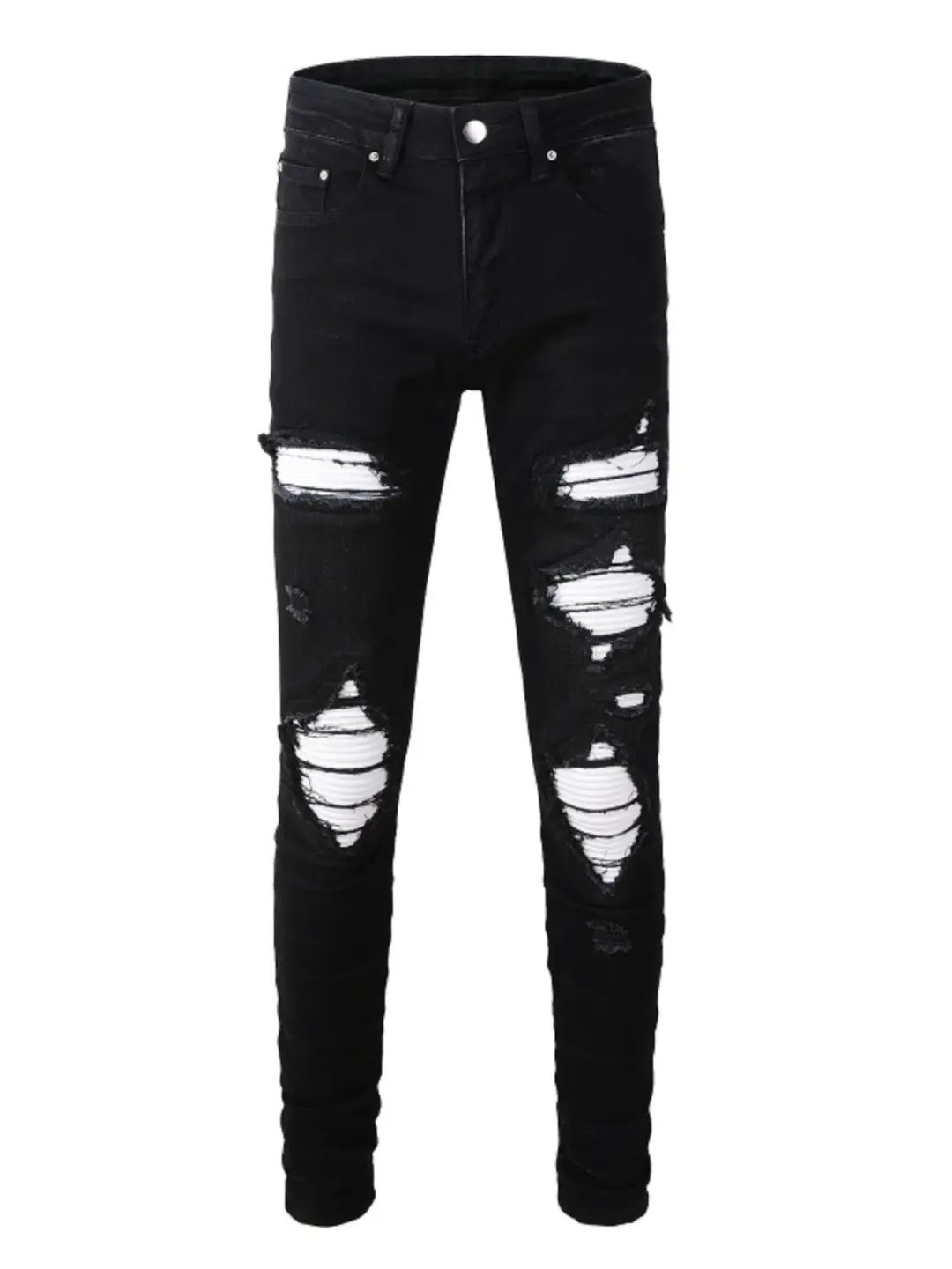 American High Street Fashion Brand Amr New Black Ripped White Pleated Patch Stretch Slim Fit Skinny Jeans for Men