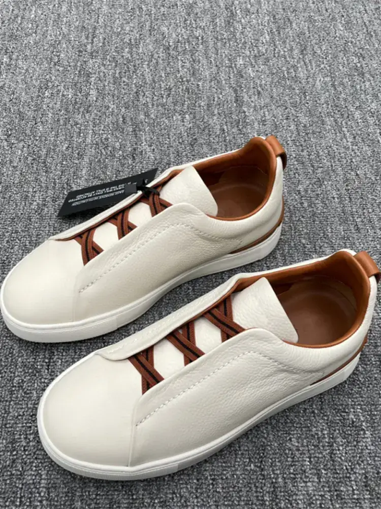 Wu Lei Same Style No-Tie Men's Sneakers Genuine Leather Low Ankle White Shoes Slip-on Elastic Band Lazy Slip on Driving Shoes