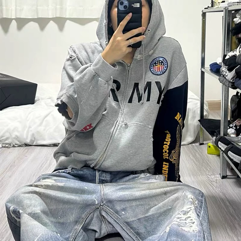 17STU Protocol index act Multi element color blocking splicing for making old torn hole zipper hoodie hooded sweatshirt