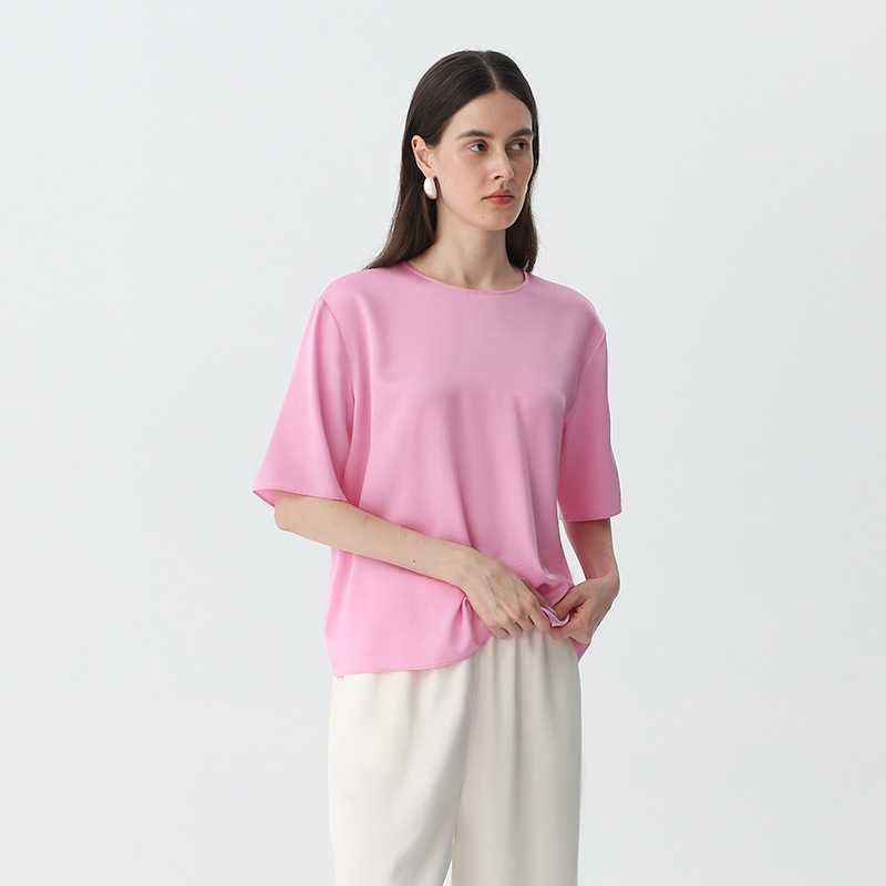 2026 New Silk Top with Round Neck, Simple Mid-Sleeve T-Shirt, 2026 New Mulberry Silk Shirt in Pink for Commuting