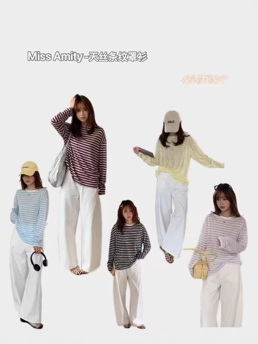 Miss Amity-Lyocell Striped Sun Protection Cover-Up Shirt, Soft and Breathable Tencel Striped T-Shirt, Lightweight and Breathable Base Layer Shirt