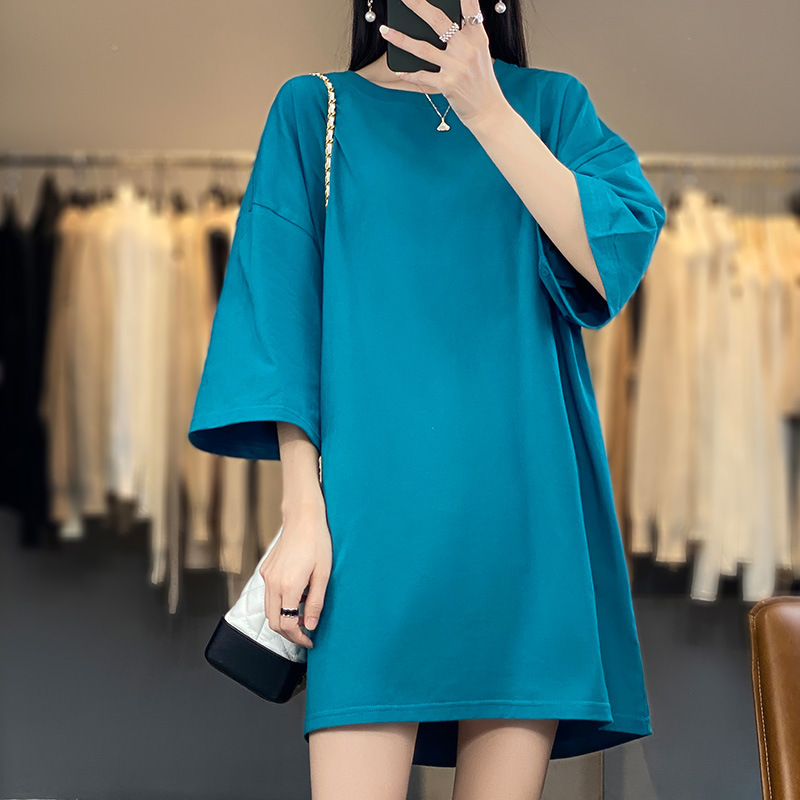 Summer Round Neck Short-sleeved T-shirt Women's Mid-length Loose Large Version Lower Body Missing Hong Kong Style Shoulder Sleeve 100 Cotton Top