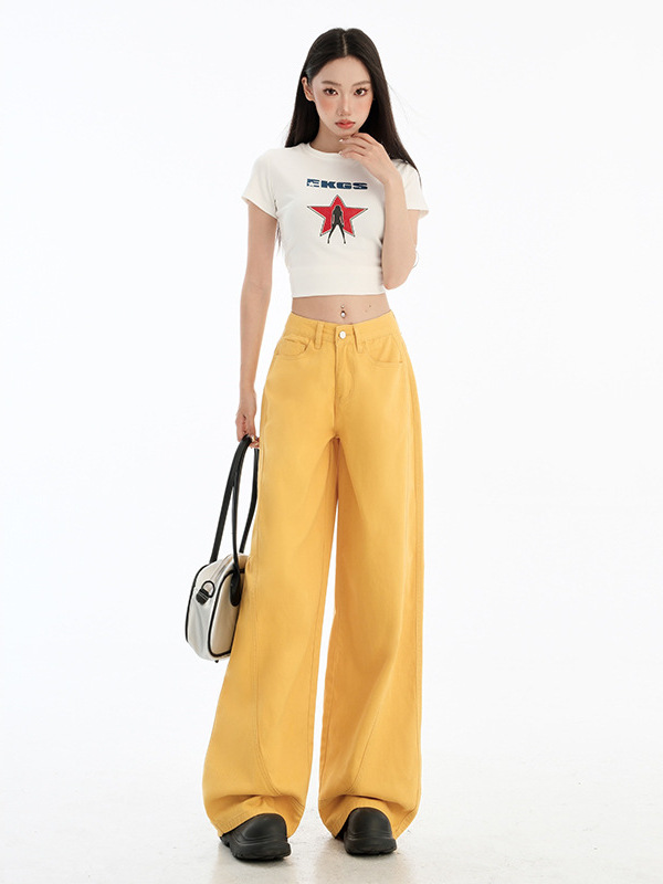 American-Style Yellow Wide-Leg Jeans for Women, Summer New High-Waisted Loose Slimming Patchwork Design Scimitar Straight Pants