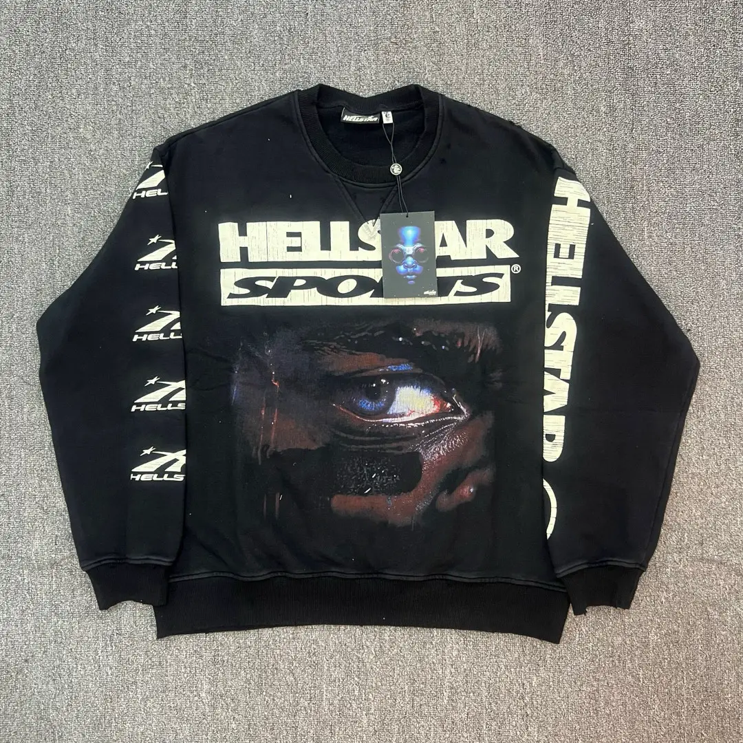 Hellstar 2024 New Ripped Hellstar Sports No. 69 Round Neck Loose Printed Pullover Sweatshirt for Men and Women