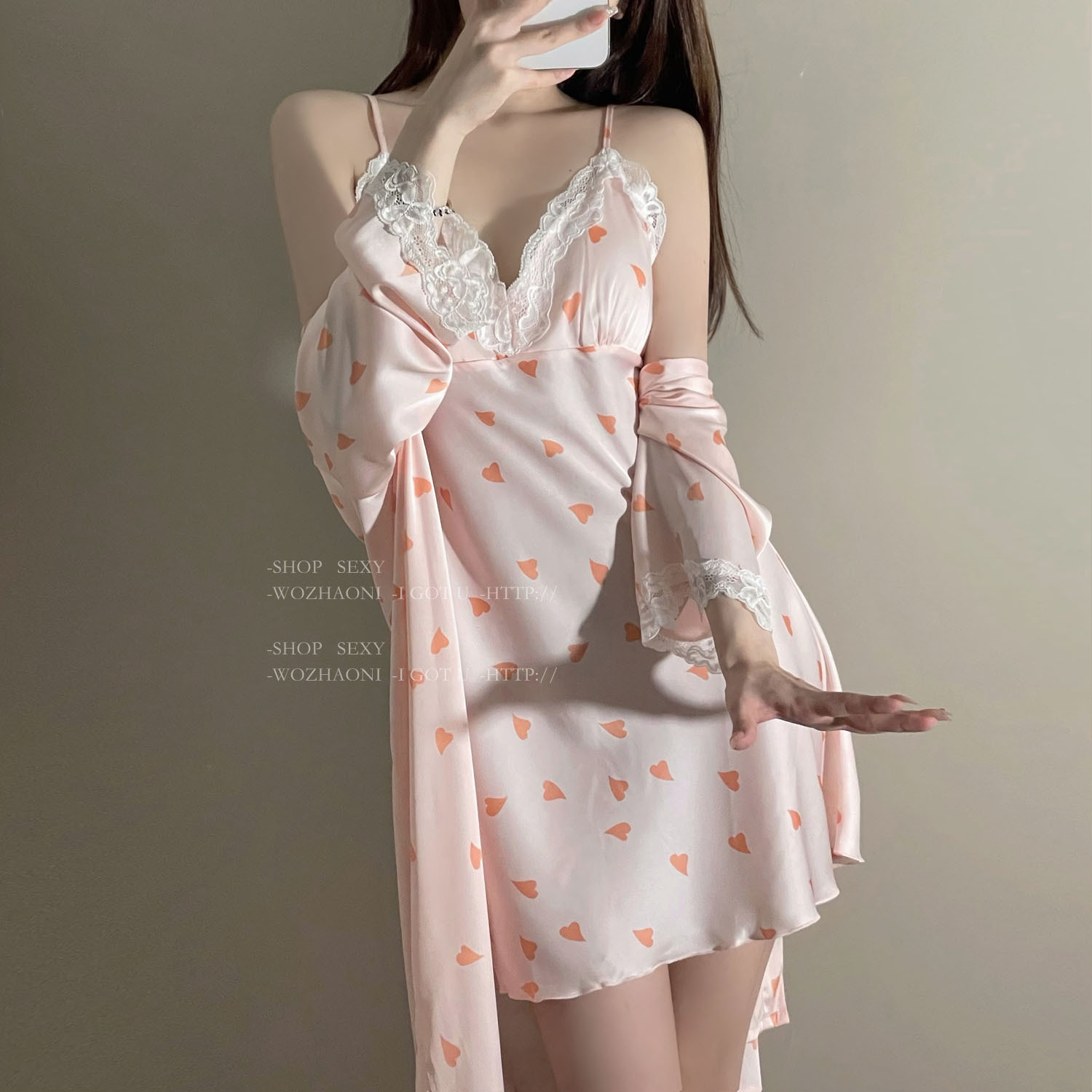 Printed Nightgown Two-Piece Set Fashionable Simple Long Sleeve Set Sling Nightgown Women's Nightgown Silk Simulation Wholesale