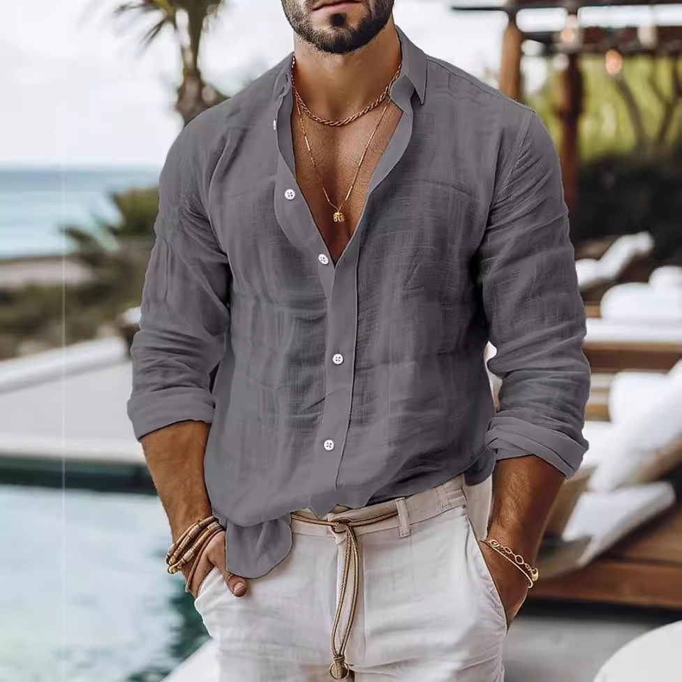 Men's Solid Color Cotton Linen Shirt Casual Style Long Sleeve Business Casual Shirt Cross-border Independent Station