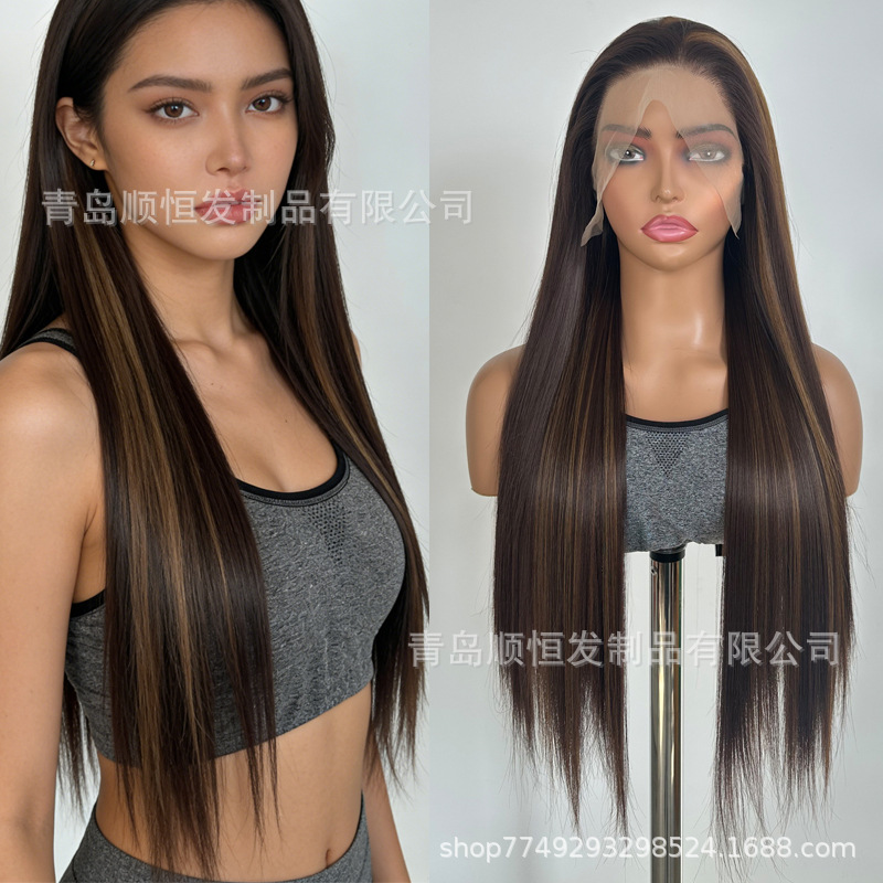 Amazon's New Wig in Piano Color, Long Straight Hair, Front Lace 13*4, Hand-Woven Synthetic Fiber Wig, Factory Wholesale in Stock
