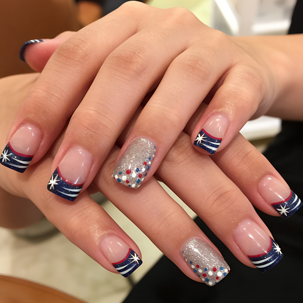 Independence Day French-Style Press-On Nails with Stars, Polka Dots, Red and White Stripes, Glitter, and Shiny Surface, 24-Piece Fake Nails