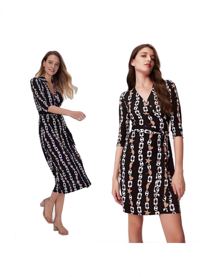 2025 Early Spring New Dream Star Chain Printed Wrap Skirt Lapel Waist Strap for Figure dress