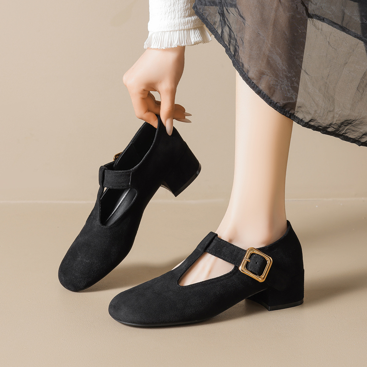 Weimei Girl 5728-1 Suede Retro Mary Jane Shoes for Women Spring and Autumn 2026 New Style Thick Heel Round Toe Single Shoes for Women