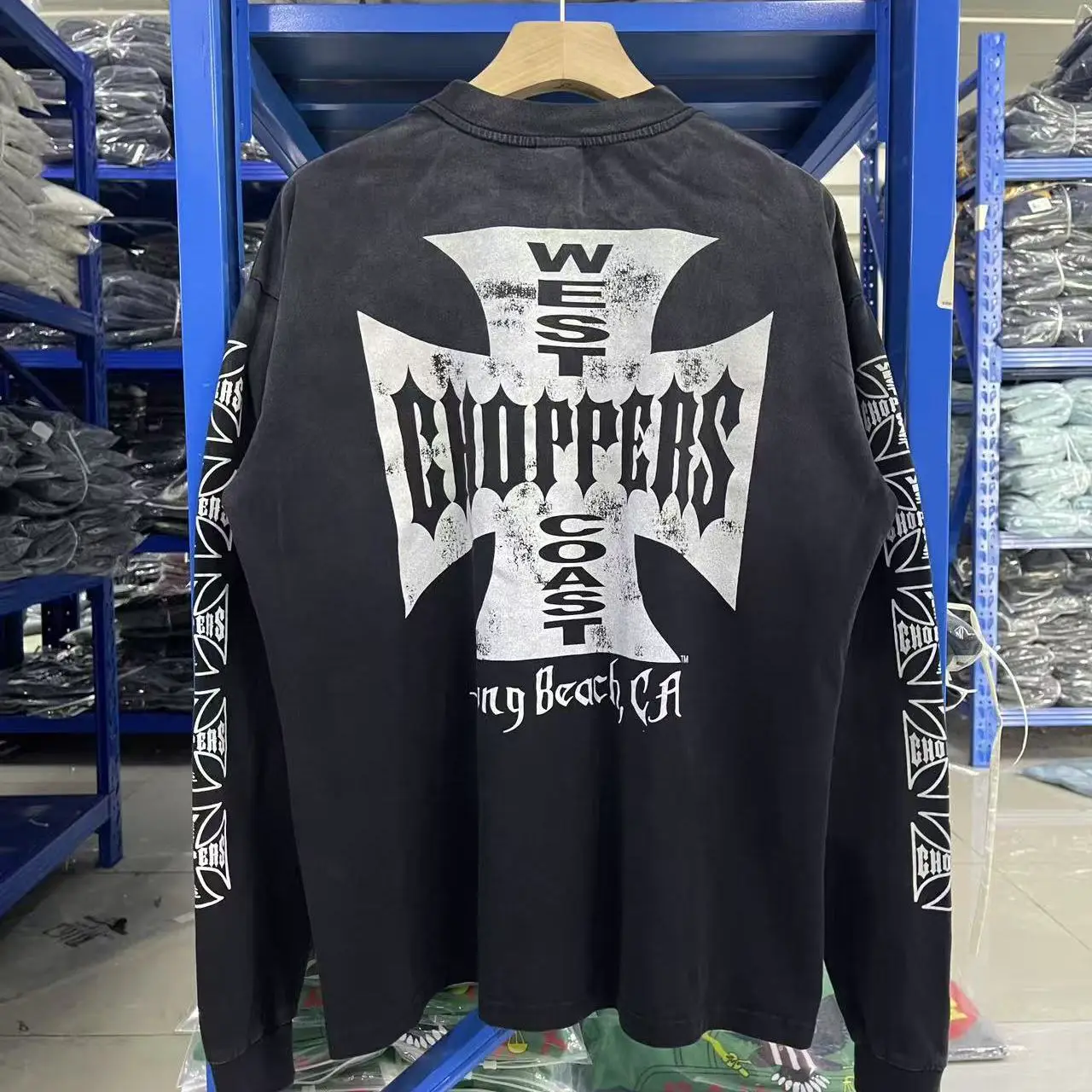 West Coast American Street Style West Coast Washed Distressed Cross Print Loose Casual Long-Sleeved T-Shirt Trendy