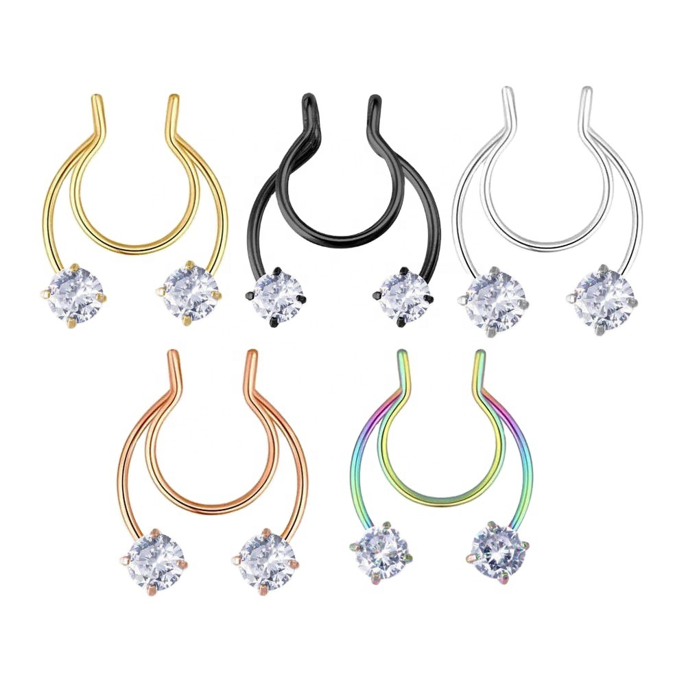 Gabei Europe and the United States cross-border round nose ring zircon nose clip stainless steel plating nasal septum false soft nose ring nose nail spot