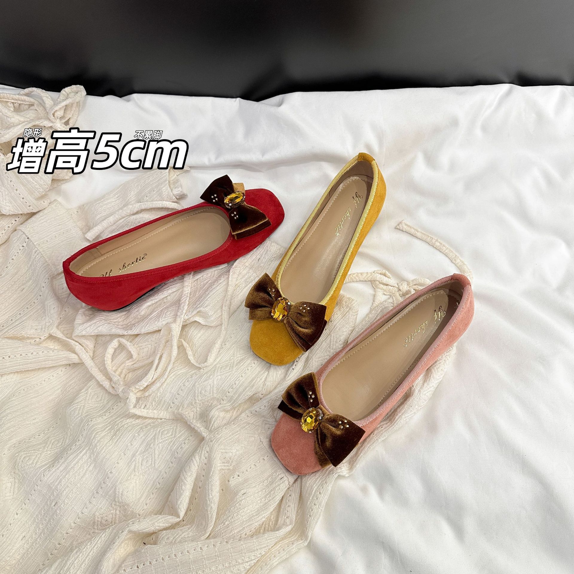 Height-Increasing 5cm Rhinestone Bow Soft-Soled Ballet Shoes for Women 2025 New Fairy-Style Suede Square-Toe Flats