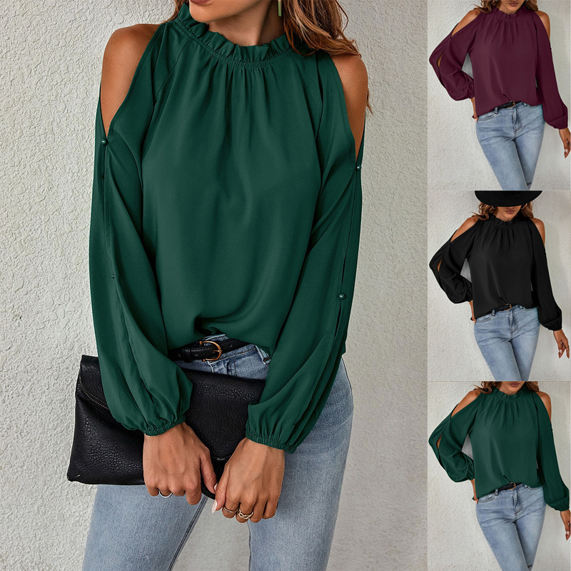 Amazon European and American Cross-Border Autumn and Winter New Women's Clothing Solid Color Lotus Leaf Half Turtleneck Long Sleeves Gathered Off-Shoulder Fashionable Women's Clothing