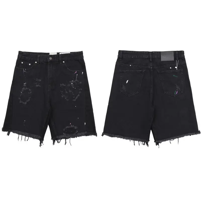2025 New Autumn and Winter Galler Ink Splashed Paint Destroyed Hole Embroider Patch Denim Shorts for Men and Women