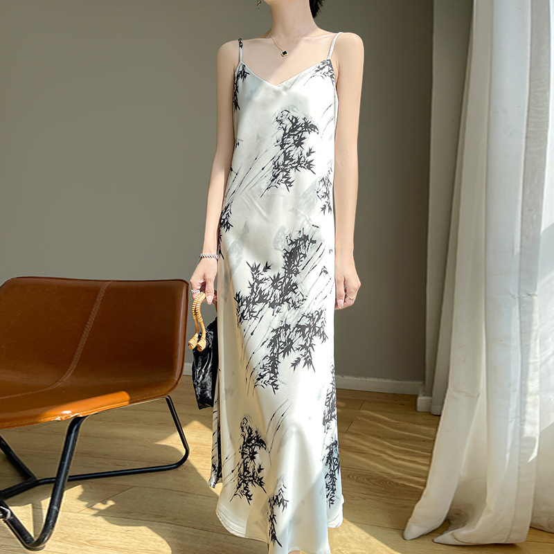Summer Guofeng Ink Bamboo Forest Sling dress Women's New Chinese Silk Satin Retro Floral Long Dress High-grade Sense