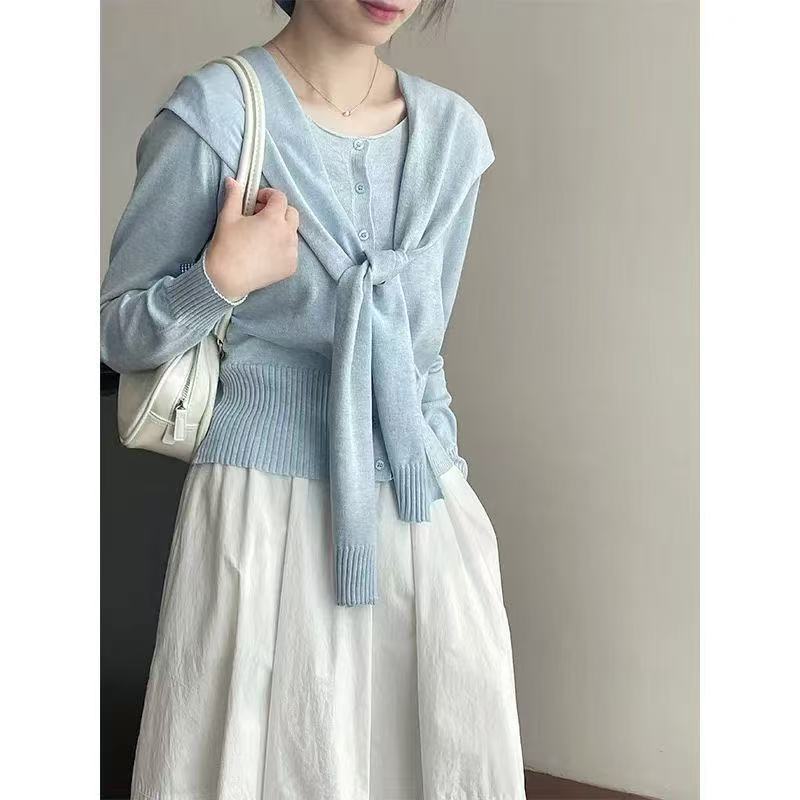 2025 Spring and Autum New Korean Style Single-Breasted Short Pure Color Casual Versatile Long-Sleeved Knitted Cardigan for Women with Shawl