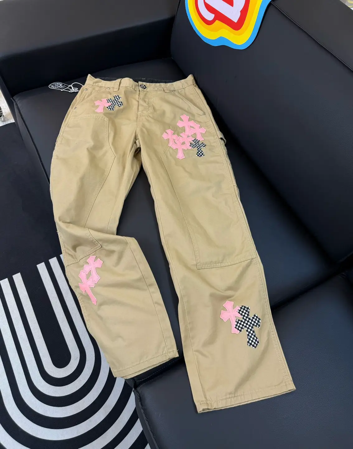 Summer new trend brand checkerboard cross khaki pink leather work pants, men's and women's casual pants