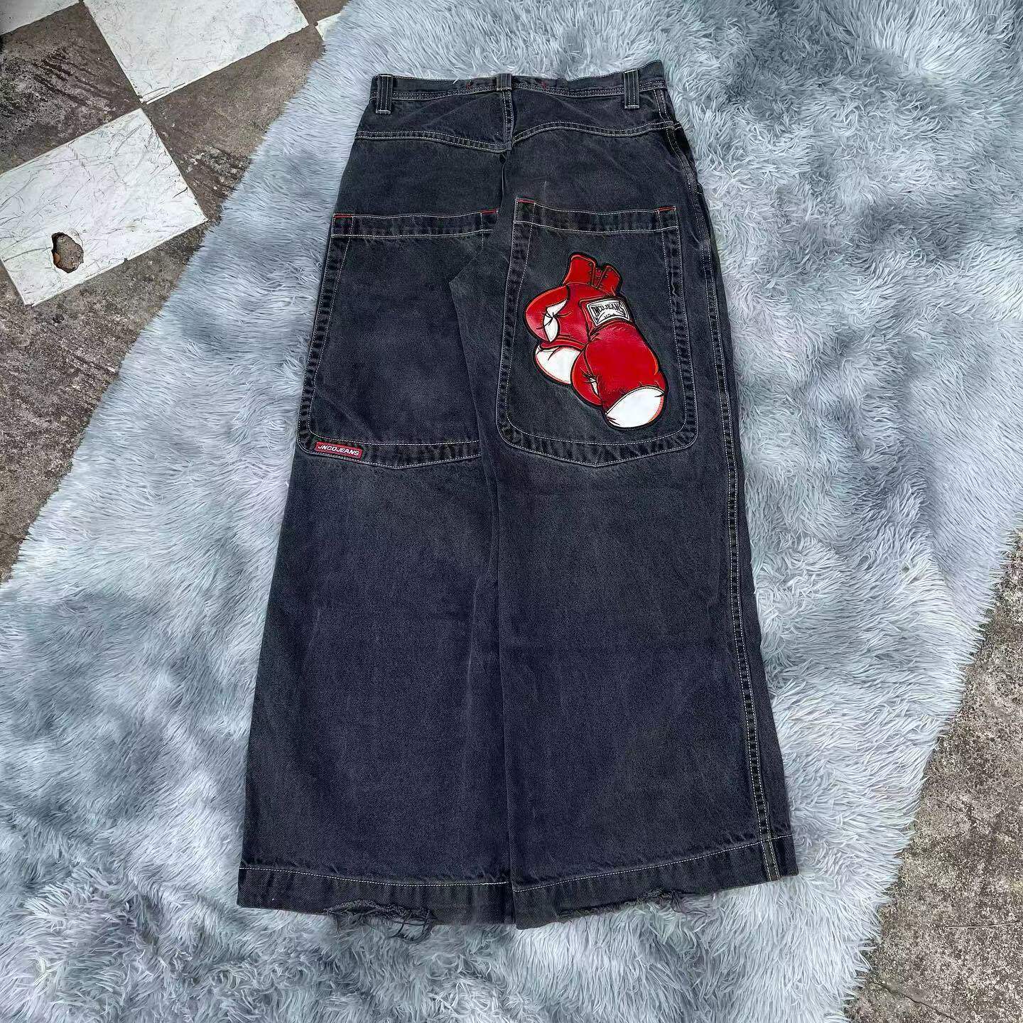 2024 New Cross-Border American High Street Hip-Hop Trendy Brand Printed Jeans for Men, Straight Loose Wide-Leg Pants