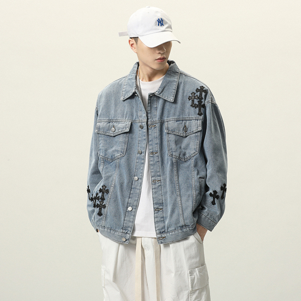Denim Jacket Boys Spring and Autum Trendy Brand High Street Cross Work Jacket Washed Oversize Denim Jacket