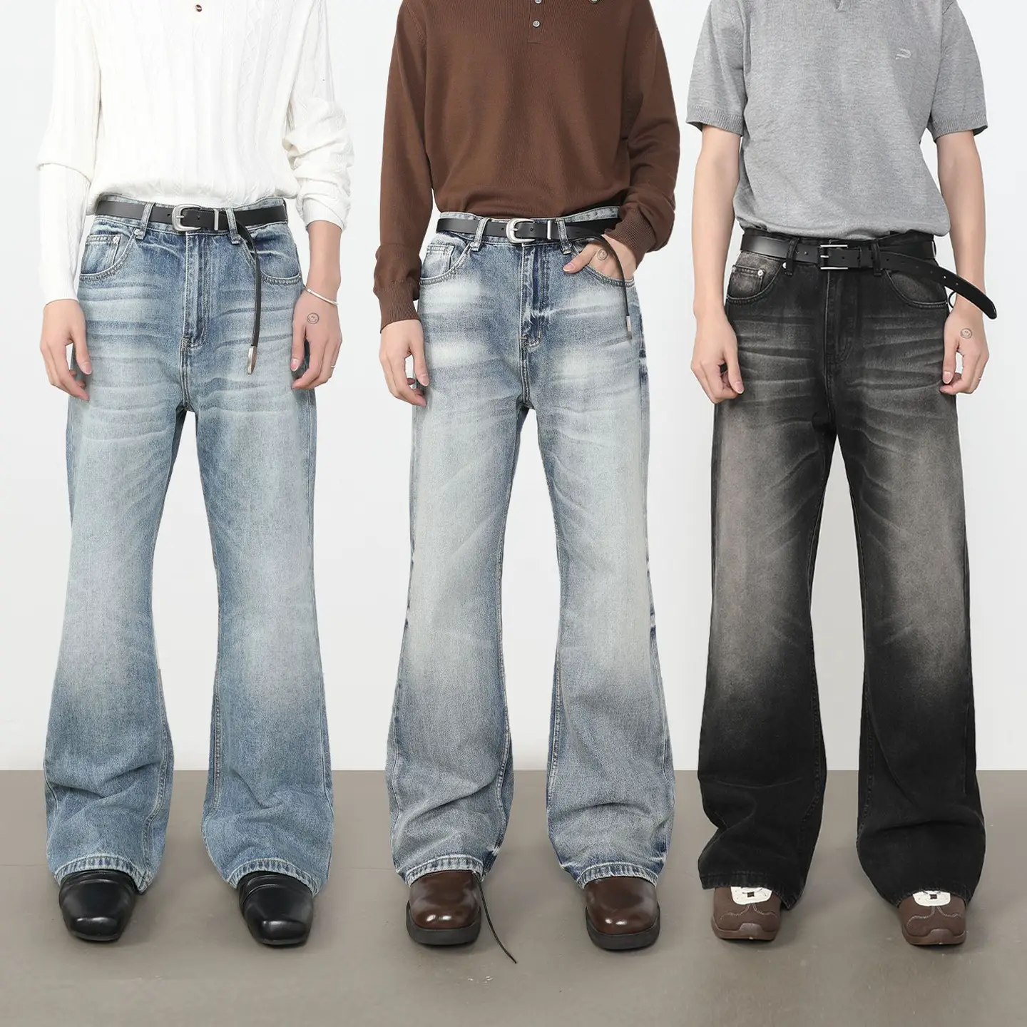 Nirben Cowboy | American High Street Whiskered Washed Jeans Men's New Micro-Flared Loose Straight Trousers