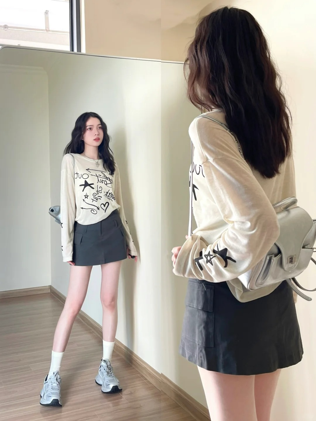 White Printed Ice Silk Sunscreen Long-sleeved T-shirt Women's Summer Thin Draped Loose Outer Air Conditioning Blouse Top for Summer